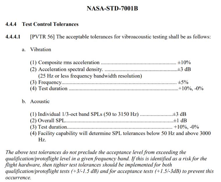 NASA STD 7001 Test Control Tolerances